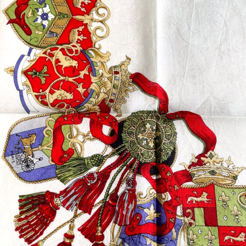 CELINE Paris Vintage Cotton Scarf Heraldic Crest Tassel Equestrian 20” Square - Picture 11 of 14